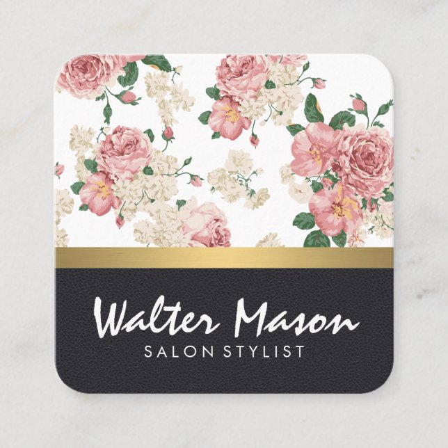 Elegant Floral Pattern Leather Gold Trim Square Business Card (Front)