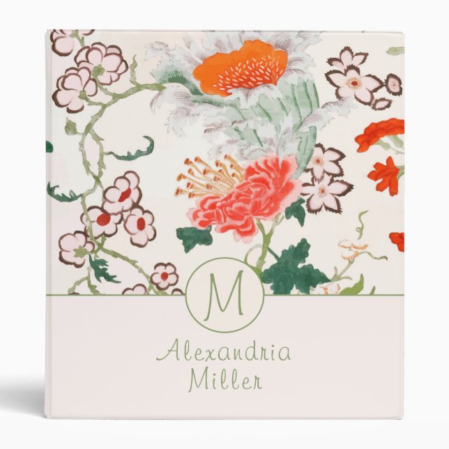 Elegant Floral Pattern Monogram 3 Ring Binder (Front)