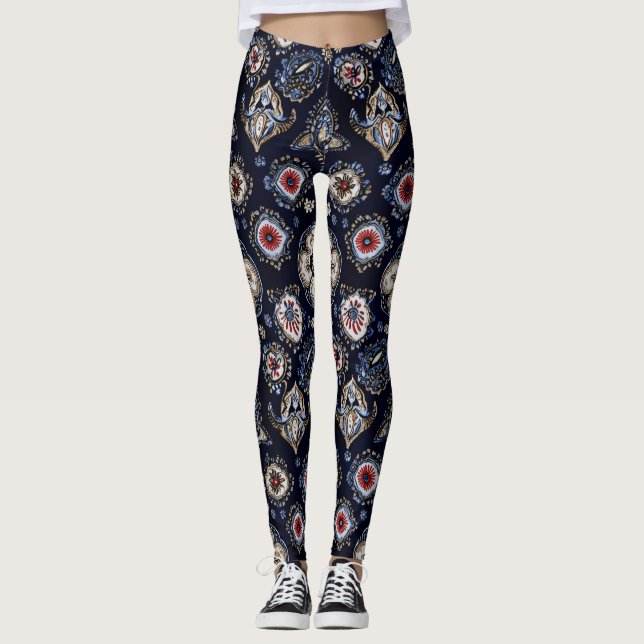 Elegant Floral Pattern Navy Blue Leggings (Front)