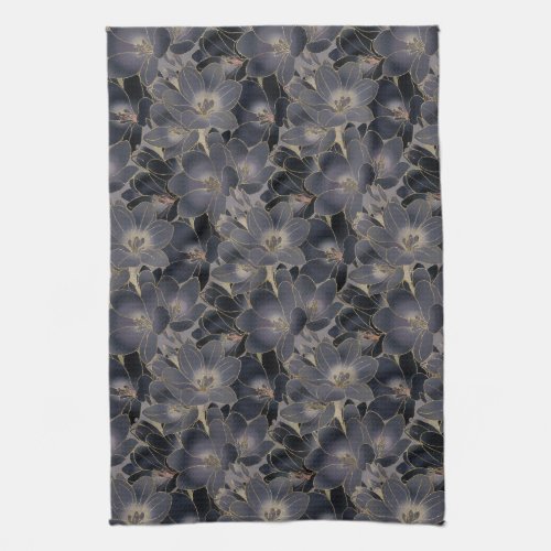 Elegant Floral Pattern Navy Blue  Smoky Gray Kitchen Towel