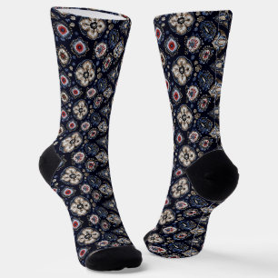 Elegant Floral Pattern Navy Blue Socks