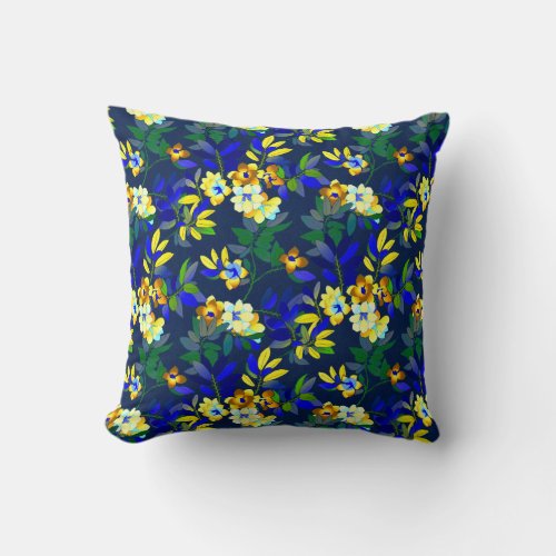 Elegant Floral Pattern  Navy Blue Yellow  Green Throw Pillow