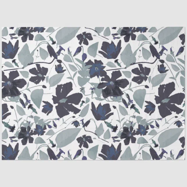 Elegant Floral Pattern Navy Gray Watercolor Tissue Paper | Zazzle