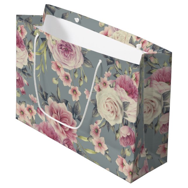 Elegant Floral Pattern of Pink Roses & Flowers Large Gift Bag (Front Angled)
