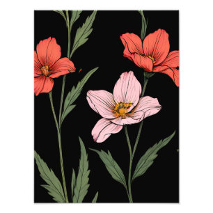 Elegant Floral Pattern on Black Background Photo Print