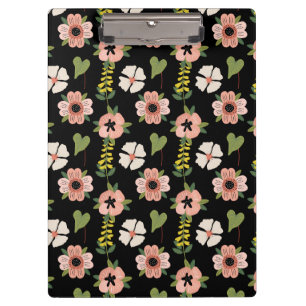 Elegant Floral Pattern on Black Chic Botanical Clipboard