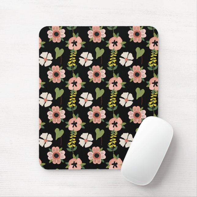 Elegant Floral Pattern on Black | Chic Botanical  Mouse Pad (With Mouse)