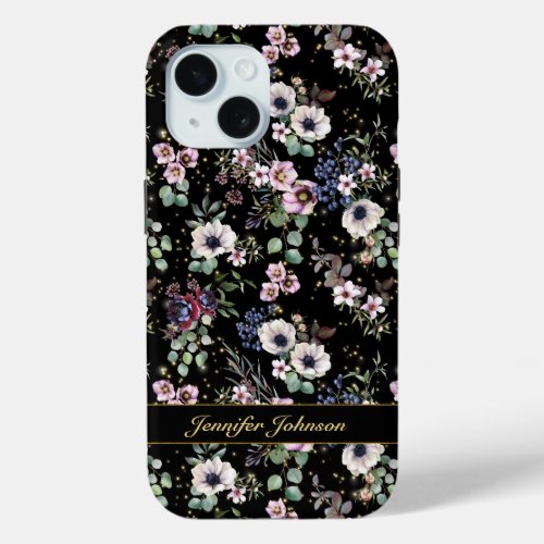 Elegant Floral Pattern on Black Name Template  iPhone 15 Case