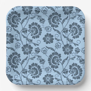 Elegant Floral Pattern on Light Blue Back Paper Plates