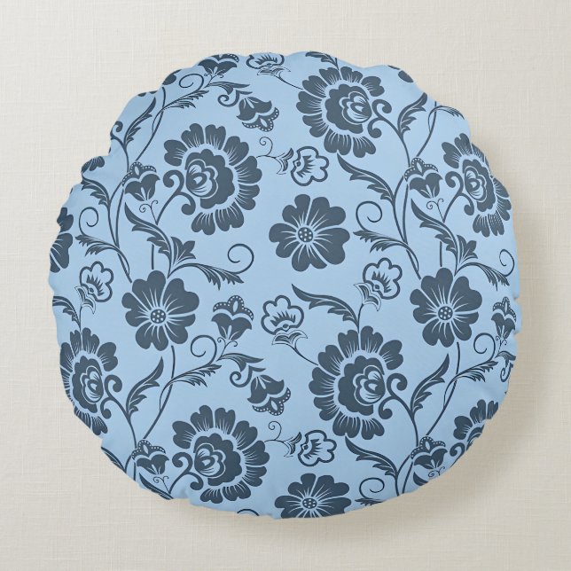 Elegant Floral Pattern on Light Blue Back Round Pillow (Front)