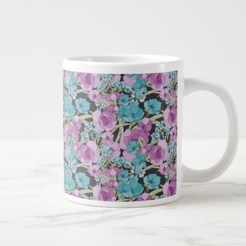 Elegant Floral Pattern Pink Purple Black Backgroun Giant Coffee Mug