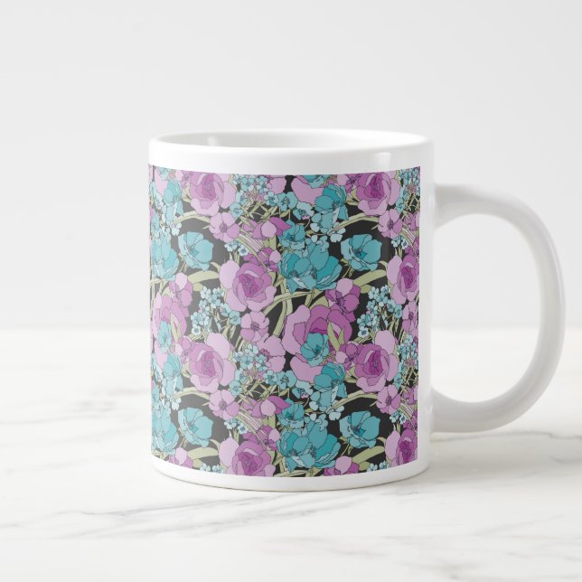 Elegant Floral Pattern Pink Purple Black Backgroun Giant Coffee Mug (Right)