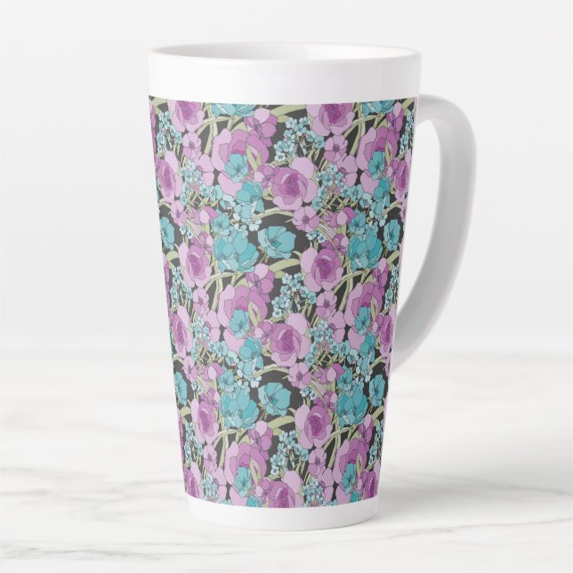 Elegant Floral Pattern Pink Purple Black Backgroun Latte Mug (Right Angle)