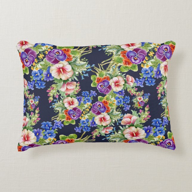 Elegant Floral Pattern Pink Yellow Blue Foliage Accent Pillow (Front)