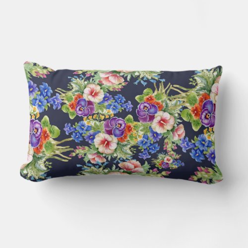Elegant Floral Pattern Pink Yellow Blue Foliage Lumbar Pillow