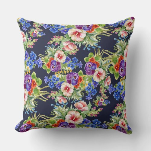 Elegant Floral Pattern Pink Yellow Blue Foliage Throw Pillow