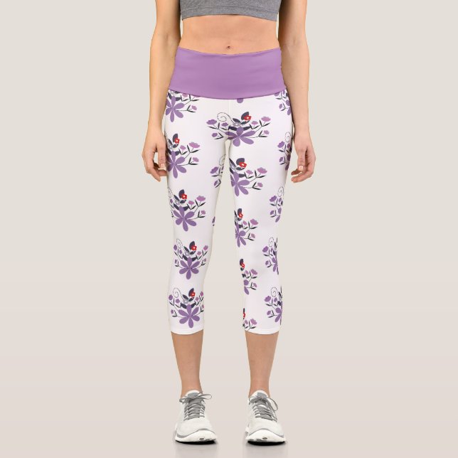 Elegant floral pattern purple violet gray red capri leggings (Front)