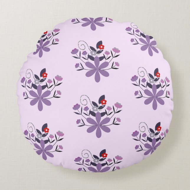 Elegant floral pattern purple violet gray red round pillow (Front)