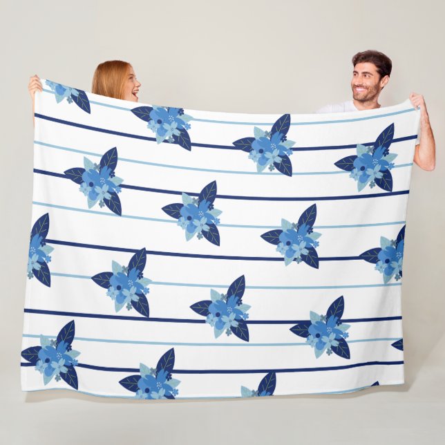 Elegant floral pattern stripe monochromatic blue fleece blanket (In Situ)