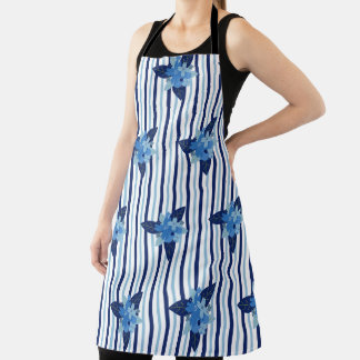 Elegant Floral Pattern Stripes Monochromatic Blue Apron