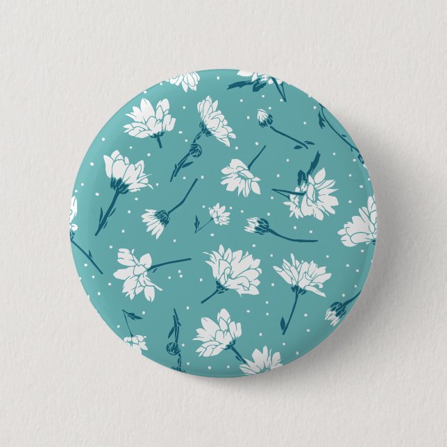 Elegant Floral Pattern - Teal & White Botanical Button (Front)