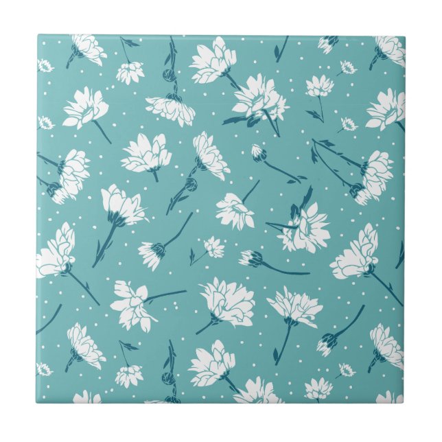 Elegant Floral Pattern - Teal & White Botanical Ceramic Tile (Front)