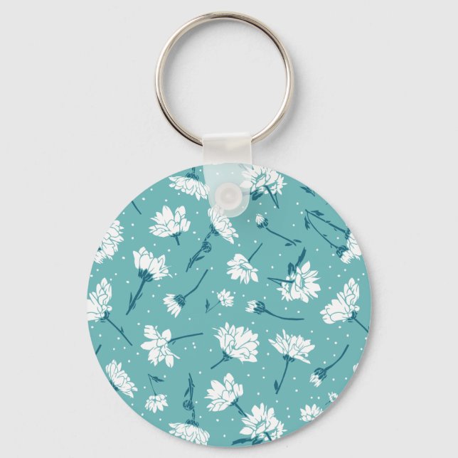 Elegant Floral Pattern - Teal & White Botanical Keychain (Front)