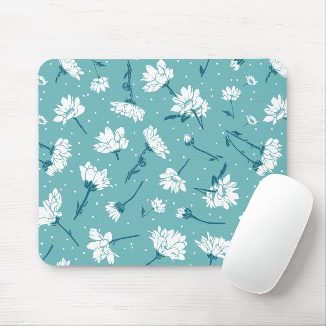 Elegant Floral Pattern - Teal & White Botanical Mouse Pad (With Mouse)