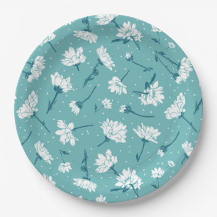 Elegant Floral Pattern - Teal & White Botanical Paper Plates
