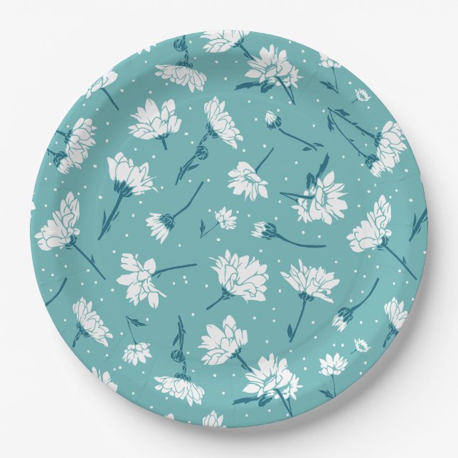 Elegant Floral Pattern - Teal & White Botanical Paper Plates (Front)