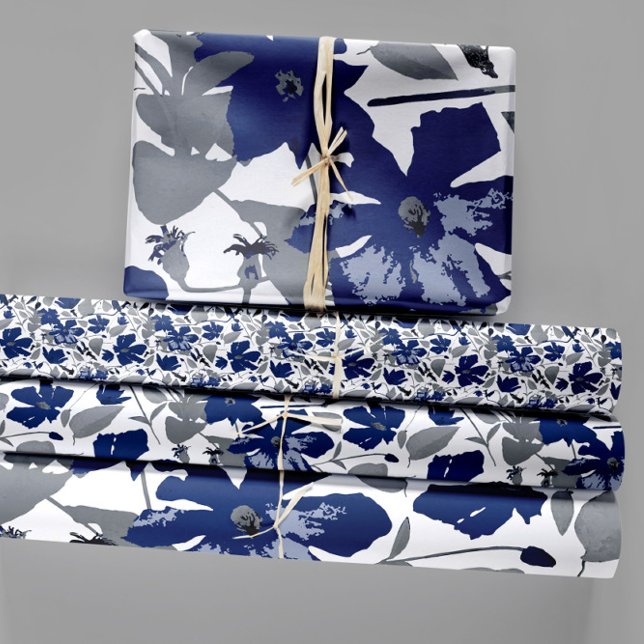 Elegant Floral Pattern Trio Decoupage Gift Wrapping Paper Sheets (Elegant Blue Gray Watercolor Floral Pattern Wrapping Paper Sheets from Studio Posies.)