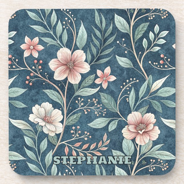 Elegant Floral Pattern with Pink & Cream Blossoms Beverage Coaster (Front)