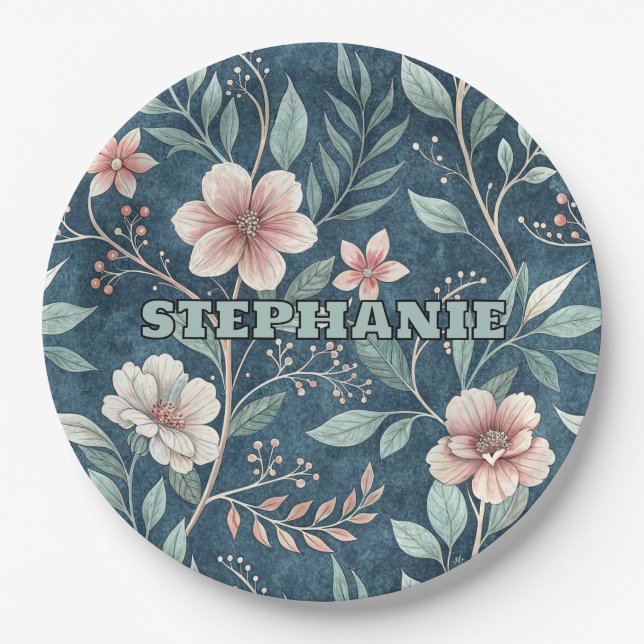 Elegant Floral Pattern with Pink & Cream Blossoms Paper Plates (Front)