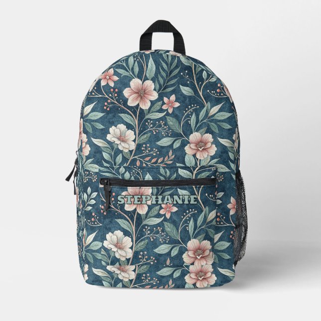 Elegant Floral Pattern with Pink & Cream Blossoms Printed Backpack (Front)