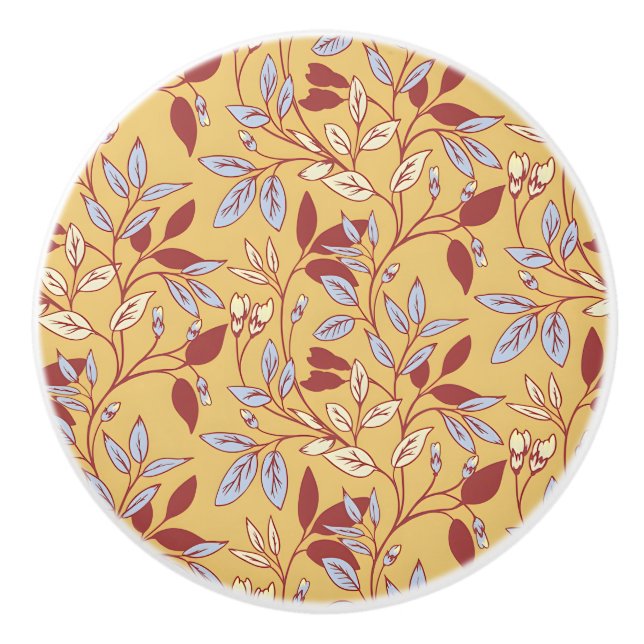 Elegant Floral Pattern with Red and Blue Leaves Ceramic Knob (Front)