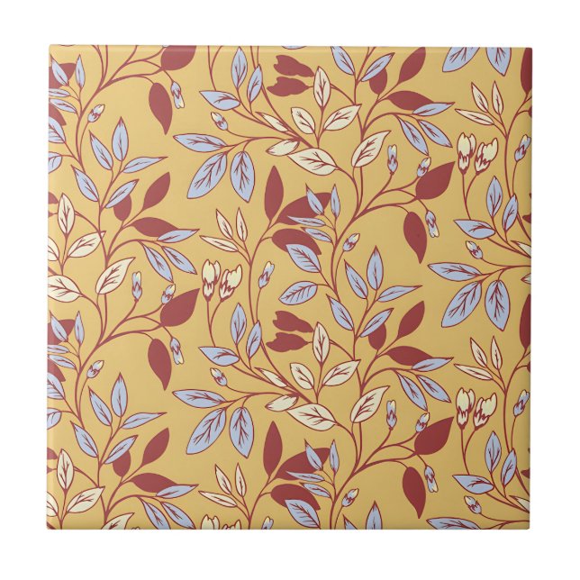 Elegant Floral Pattern with Red and Blue Leaves Ceramic Tile (Front)