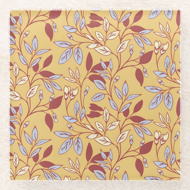 Elegant Floral Pattern with Red and Blue Leaves Glass Coaster (Front)