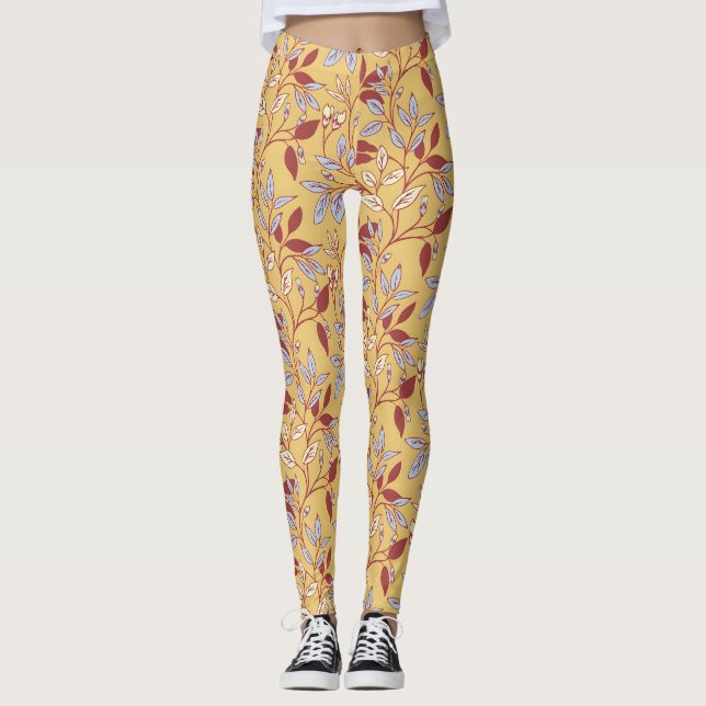 Elegant Floral Pattern with Red and Blue Leaves Leggings (Front)