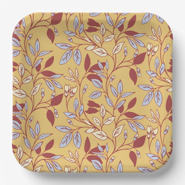 Elegant Floral Pattern with Red and Blue Leaves Paper Plates (Front)