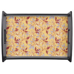 Elegant Floral Pattern with Red and Blue Leaves Serving Tray