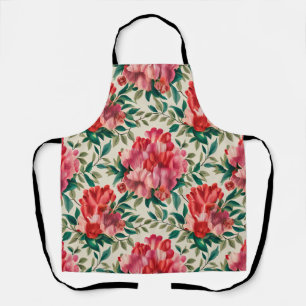 Elegant Floral Pattern with Red and Pink Flowers Apron