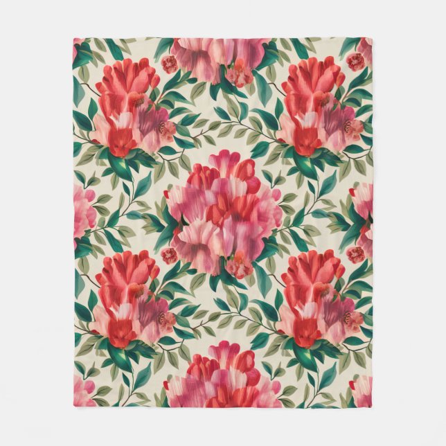 Elegant Floral Pattern with Red and Pink Flowers  Fleece Blanket (Front)