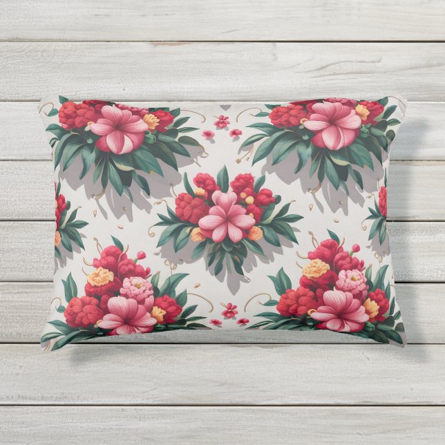 Elegant Floral Pattern with Red and Pink Flowers  Outdoor Pillow (Front)