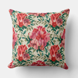 Elegant Floral Pattern with Red and Pink Flowers  Throw Pillow