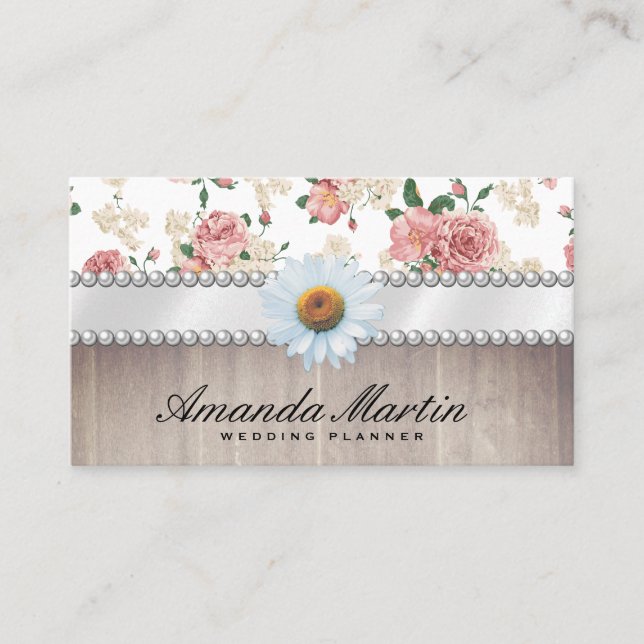 Elegant Floral Pattern Wood Trim and Daisy Business Card (Front)