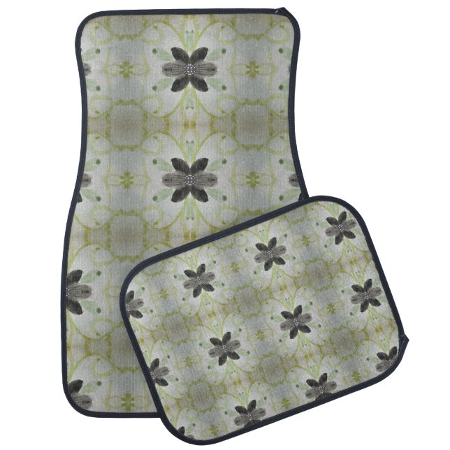 Elegant Floral Patterned Black And Grey Car Floor Mat (Set)