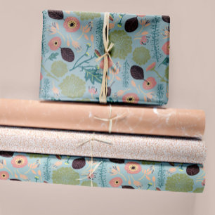Elegant Floral Patterns Blue Peach Green Flowers Wrapping Paper Sheets