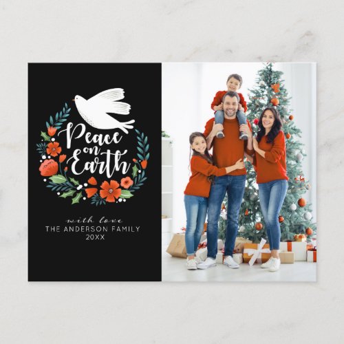 Elegant Floral Peace on Earth Merry Christmas Holiday Postcard