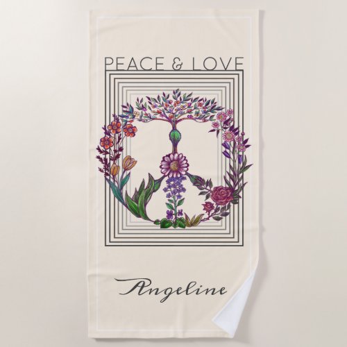  Elegant Floral Peace Sign Nature Deco Boho Hippie Beach Towel