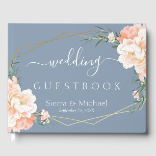Elegant Floral Peach Cream Gold Dusty Blue Wedding Guest Book